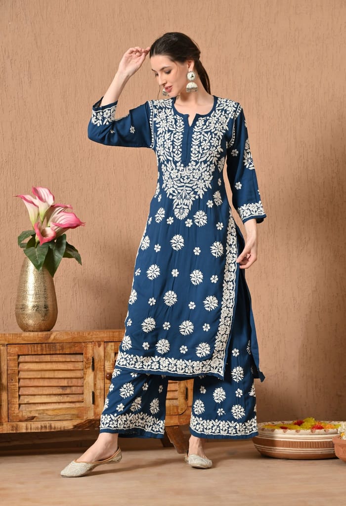 Hand Embroidered Chikankari Rayon Plazo Set - Teal