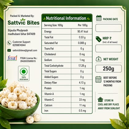 Sattvic Bites Premium 6 Sutta Phool Makhana – Healthy & Natural (250gm)