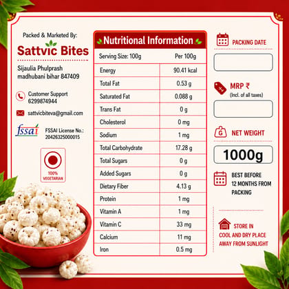 Sattvic Bites Premium 6 Sutta Phool Makhana – Healthy & Natural (1000gm)
