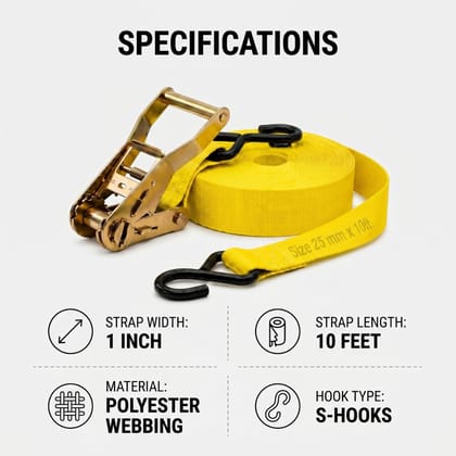 Trion Products Ratchet Tie Down Straps 1 Inch x 10 Feet with S Hooks | Heavy Duty Cargo Lashing Belts for Pick-up Trucks, LCVs, Motorcycles & Cargo Securing | 25MM Ratchet Straps (Pack4)