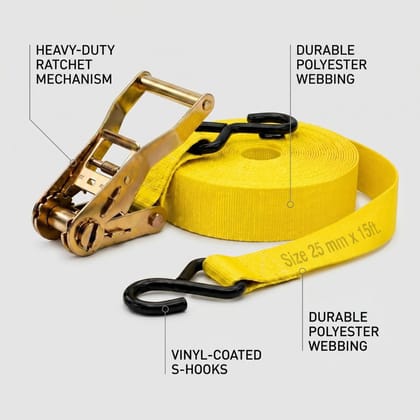 Trion Products Ratchet Tie Down Straps 1 Inch x 15 Feet with S Hooks | Heavy Duty Cargo Lashing Belts for Pick-up Trucks, LCVs, Motorcycles & Cargo Securing | 25MM Ratchet Straps (Pack4)