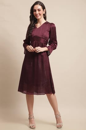 Wine Color Solid Printed Self Design Georgette Dress For Women-s
