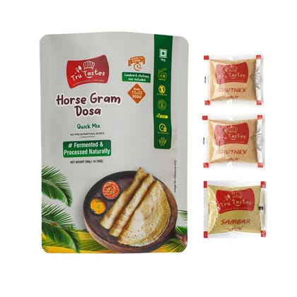 Tru Tastes Horse Gram Dosa Quick Mix with Sambar,Chutney and Penut Chutney, Fermented and Processed Naturally, Can Make 13 Dosas, Complete Breakfast Kit