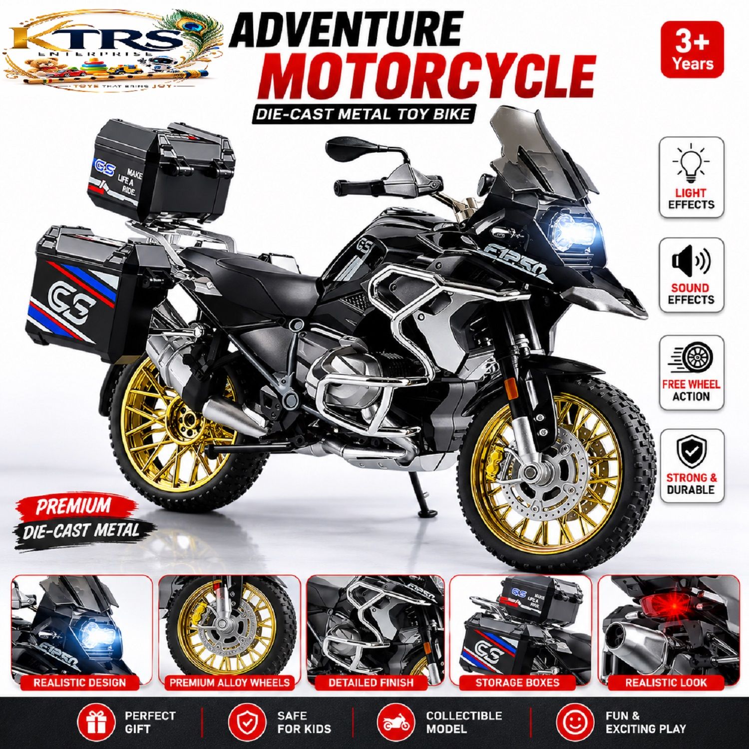 KTRS Enterprise Die-Cast Adventure Motorcycle Toy Bike with Light & Sound | Premium Metal Collectible Model | Free Wheel Action