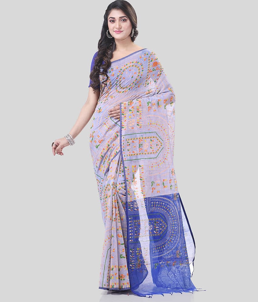 Desh Bidesh Cotton Blend Self Design Saree With Unstitched Blouse Piece ( White )