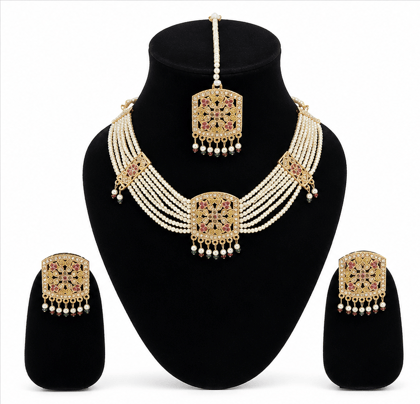 Dokachi Multi Strand Pearl Choker and Maang Tikka Set with Kundan Work