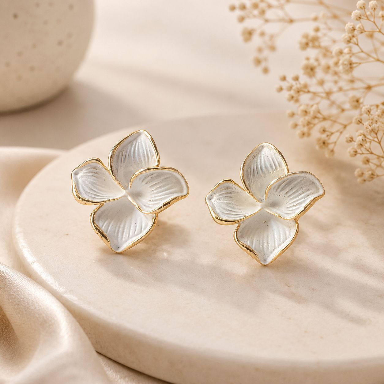 Elegantra White Flower Stud Earrings for Women and Girls | 18K Gold Plated Waterproof Stainless Steel Floral Tops | Anti-Tarnish Premium Korean Western Jewelry