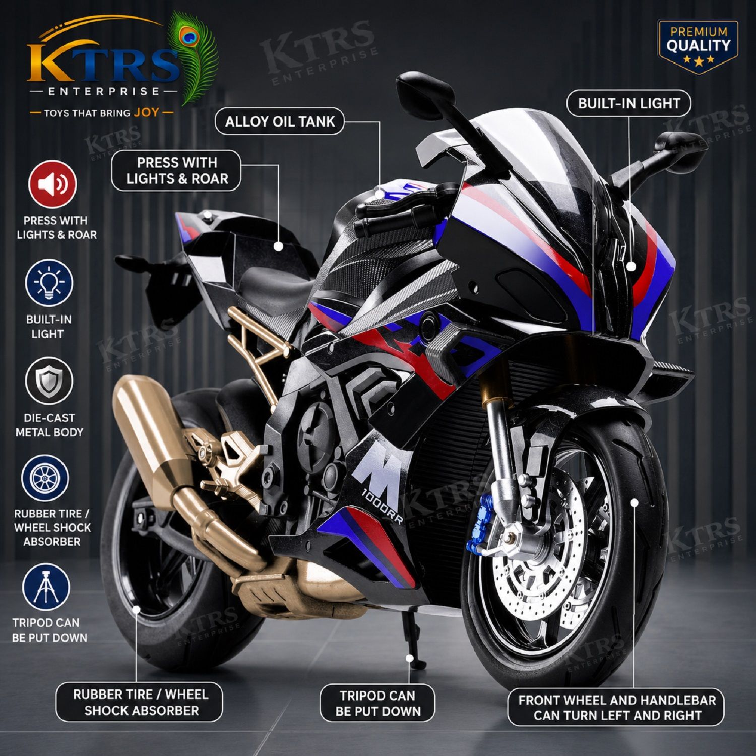 KTRS Enterprise Die-Cast BeW S1000RR Super Sport Bike Toy with Light & Sound | Premium Metal Motorcycle Model | Free Wheel Action