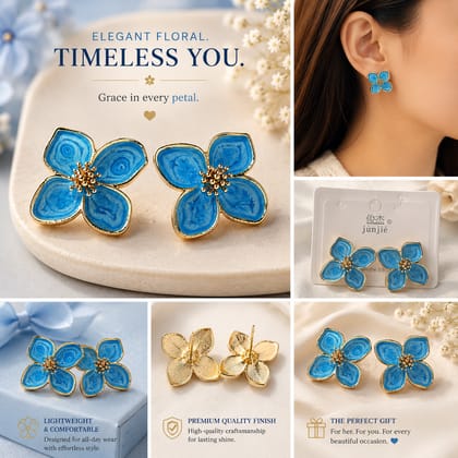 Elegantra 18K Gold-Plated Brass Blue Enamel Floral Stud Earrings for Women & Girls (Pack of 1 Pair) Anti-Tarnish Western Fashion Jewellery for Party, Casual & Office Wear