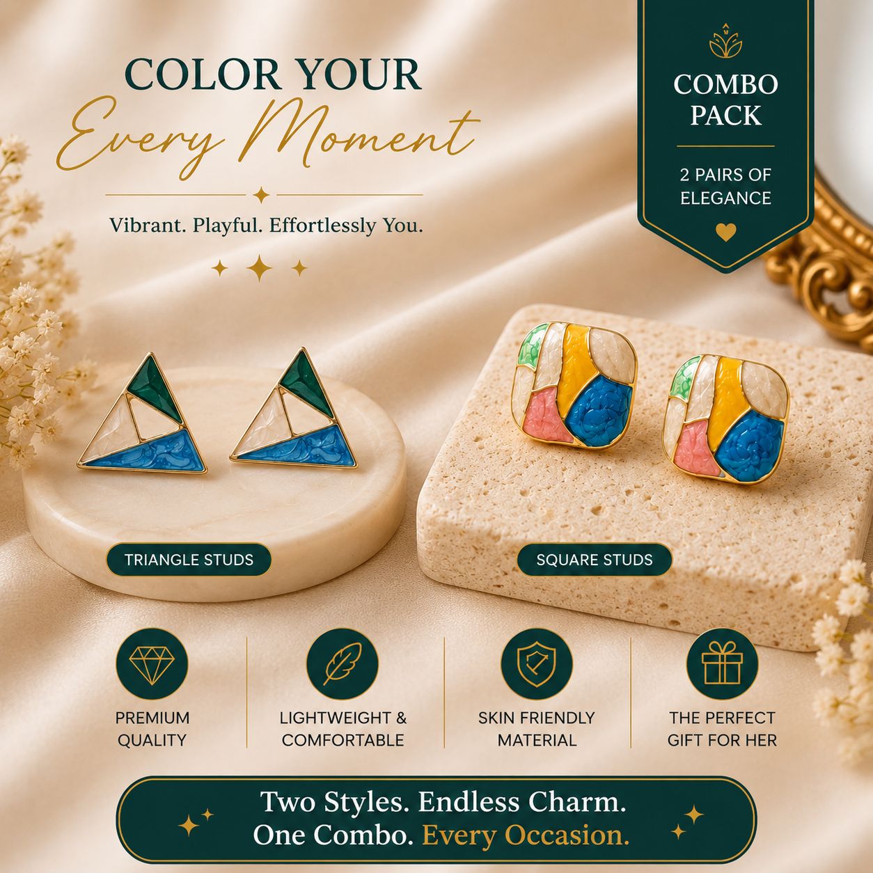 Elegantra Geometric Stud Earrings Combo for Women & Girls (Pack of 2 Pairs) | Multicolor Enamel Triangle & Square Studs | Anti-Tarnish Gold-Plated Western Fashion Jewellery Set