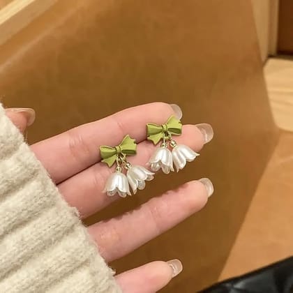 Elegantra Nature Inspired  Cute Tulip Flower Drop Earrings for Women & Girls | Korean Style Green Bow Dangle Earrings | Lightweight Floral Alloy Earrings | Trendy Fashion Jewellery for Daily Wear, Party, Birthday & Gift