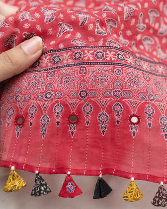 Women's Ajrakh Print Red Cotton Dupatta with Mirror Work and Tassels Women's Ajrakh Print Red Cotton Dupatta with Mirror Work and Tassels