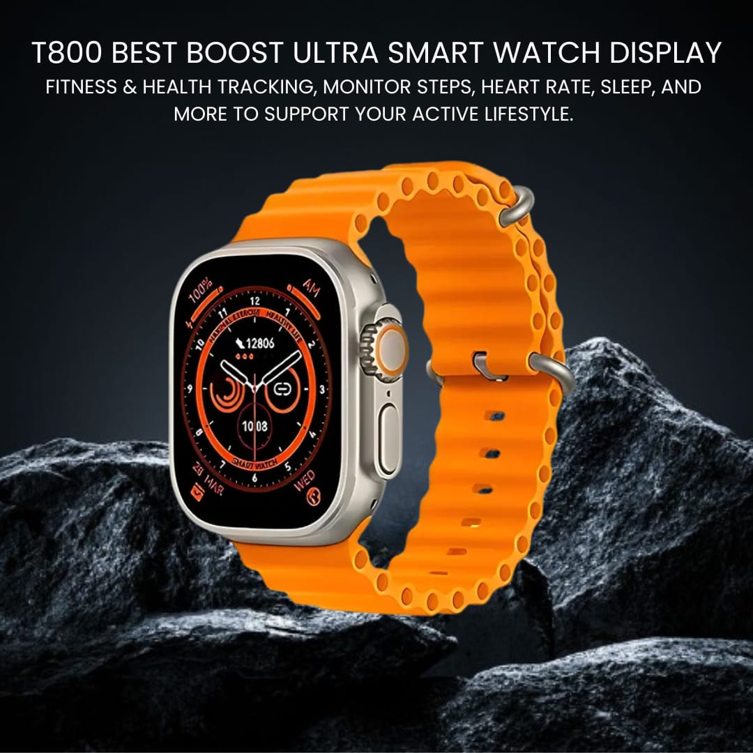 T800 Ultra Smart Watch with Orange Strap, Bluetooth Connectivity, Fitness Tracking, HD Display