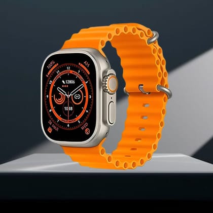 T800 Ultra Smart Watch with Orange Strap, Bluetooth Connectivity, Fitness Tracking, HD Display