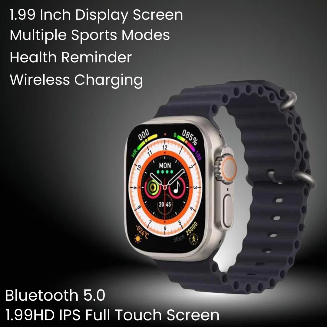 T800 Ultra Smart Watch with Orange Strap, Bluetooth Connectivity, Fitness Tracking, HD Display
