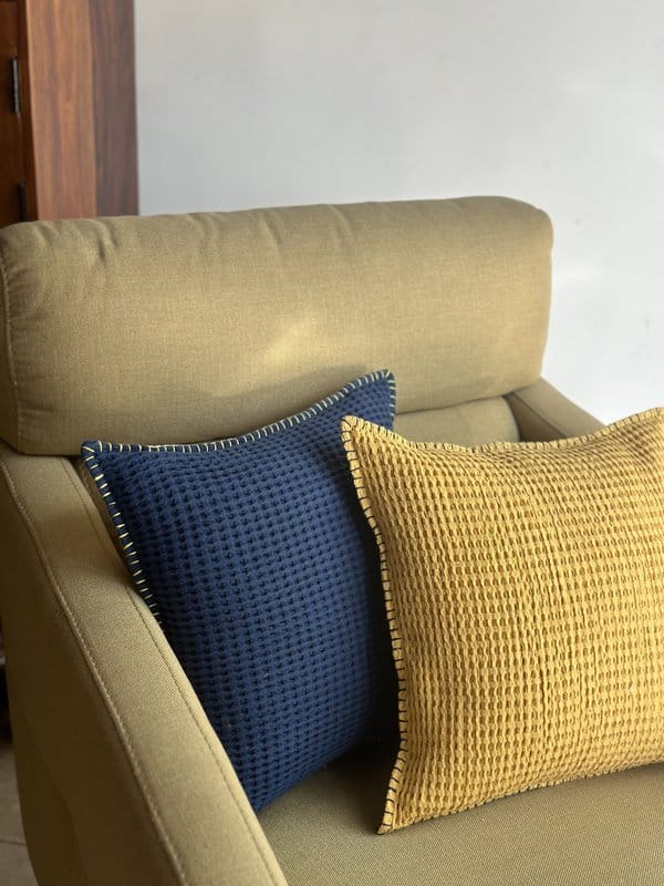 KRI India Distressed Textured Checks Cushion Cover| Yellow; Blue; Navy Blue | Light blue, navy blue and yellow  | Wash & Care | 100% Cotton | Handcrafted in India. 100% organic & natural.