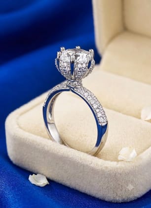 Elegantra Adjustable Solitaire Ring for Women | Brilliant Cut CZ Crystal Ring with Pavé Band | Elegant Promise Ring | Engagement, Anniversary, Proposal & Gift for Her