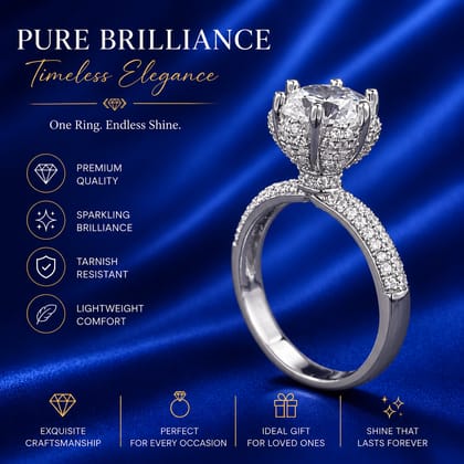 Elegantra Adjustable Solitaire Ring for Women | Brilliant Cut CZ Crystal Ring with Pavé Band | Elegant Promise Ring | Engagement, Anniversary, Proposal & Gift for Her