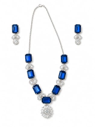 Royal Blue Crystal Stone Statement Necklace Set with Matching Earrings for Women | Silver Plated Party Wear Jewelry