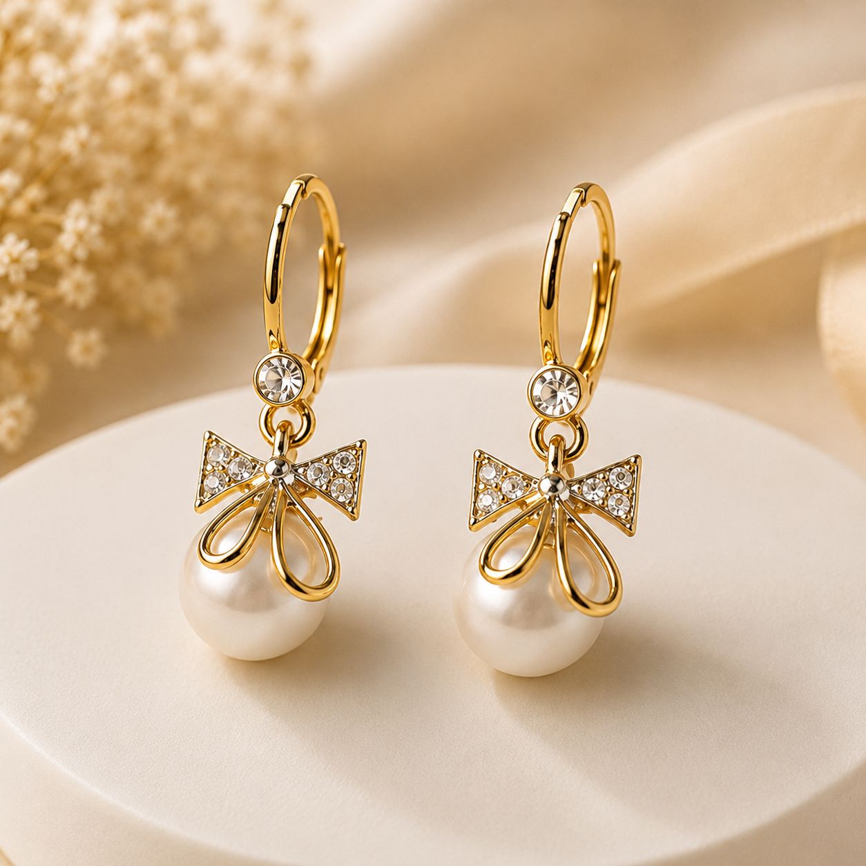 Elegantra Pearl Drop Bow Huggie Earrings – Sparkling Crystal Ribbon & Lustrous Pearl Dangles | Elegant Anti-Tarnish Daily Wear Jewelry Pack