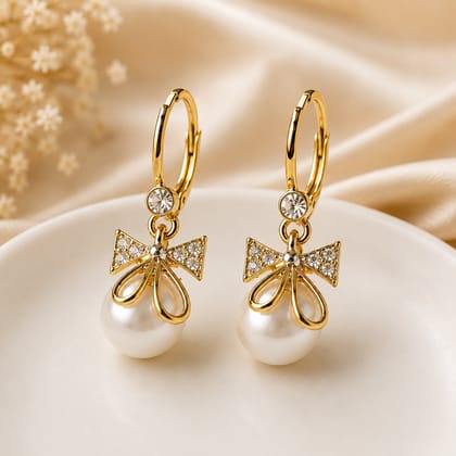 Elegantra Pearl Drop Bow Huggie Earrings – Sparkling Crystal Ribbon & Lustrous Pearl Dangles | Elegant Anti-Tarnish Daily Wear Jewelry Pack