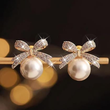Elegantra Gold Bow Pearl Stud Earrings for Women & Girls | Korean Style Rhinestone Bow Earrings | Elegant Pearl Studs | Lightweight Fashion Jewellery | Daily Wear, Party Wear & Gift for Her