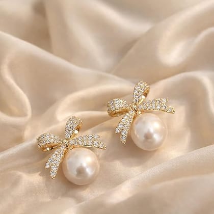 Elegantra Gold Bow Pearl Stud Earrings for Women & Girls | Korean Style Rhinestone Bow Earrings | Elegant Pearl Studs | Lightweight Fashion Jewellery | Daily Wear, Party Wear & Gift for Her