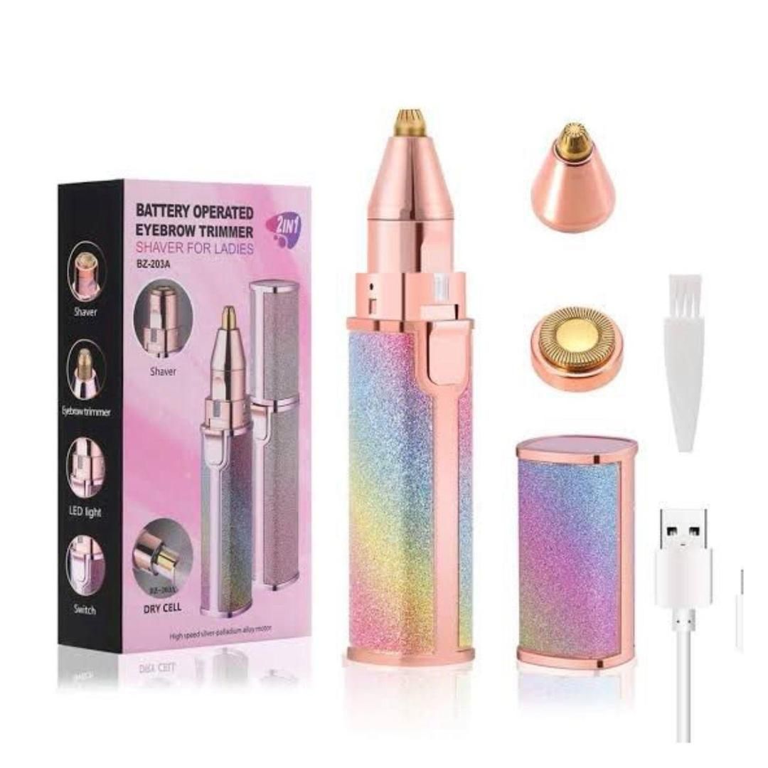 Premium 2-in-1 Electric Eyebrow Trimmer & Facial Hair Remover Shaver for Women with LED Light (Glitter Rainbow Style)