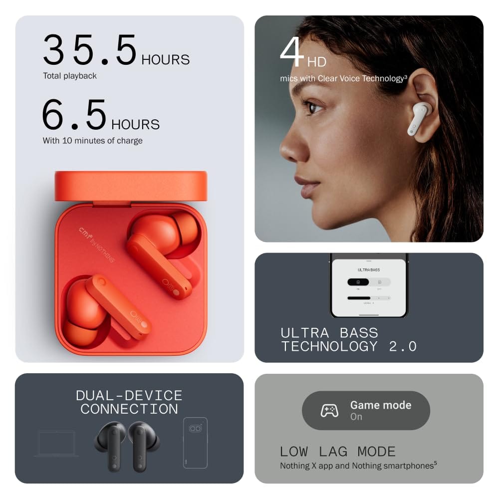 CMF BY NOTHING Buds Wireless Earbuds with 42dB ANC, Transparency Mode, Ultra Bass Technology 2.0, Dirac HD Audio, IP54 Dust and Water Resistance and Dual Device Connection