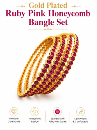 Designer Gold Finish Hexagon Stone Bangle Set | Ruby Pink | Size 2.8