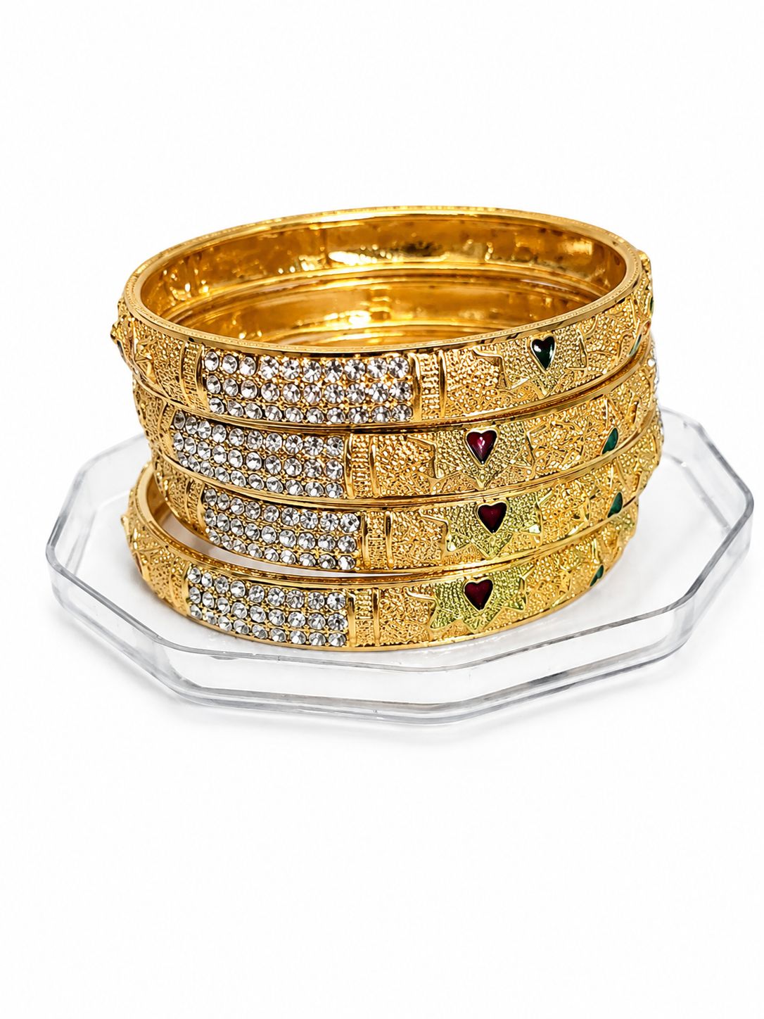 Gold-Plated Designer Bangles Set of 4 with Heart Enamel & Stone Work | Size 2.4