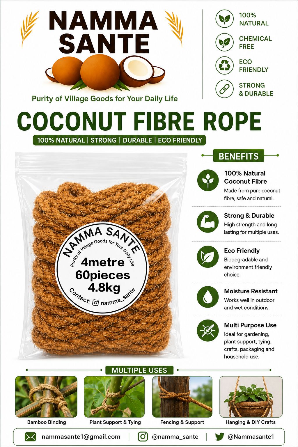 Coconut Fibre Rope, Coir Rope, Coconut Coir Rope, Nariyal Resha Rope, Koyir Rope 4metre 60pieces 4.8kg