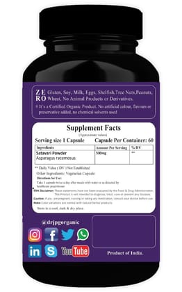 Dr. JPG Organic herbals Shatavari Capsules 500mg 60Veg. Capsules/INDIA ORGANIC Certified (Pack Of 1)
