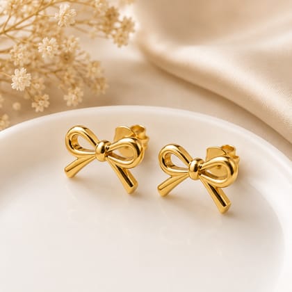 Elegantra Anti-Tarnish Minimalist Gold Bow Stud Earrings | Premium Cute Ribbon Ear Studs Set for Women & Girls (Pair of 1)