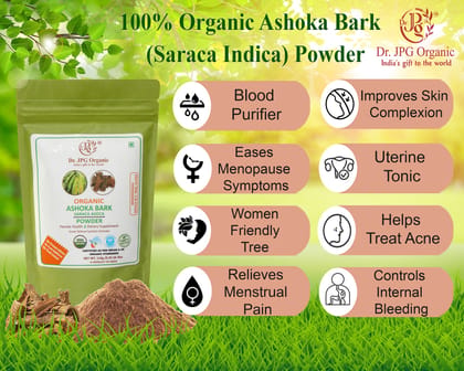 Dr. JPG Organic  herbals Ashoka Powder | Ashoka bark Powder 228g Saraca Indica | INDIA ORGANIC Certified. 