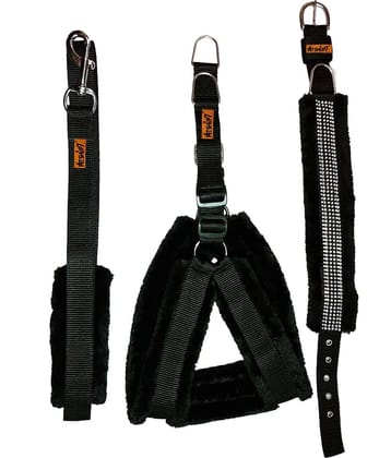 Petshop7 Fur Padded  Nylon Dog Harness , Dog Collar &  Dog Leash  Small (Chest Size - 23-28inch)
