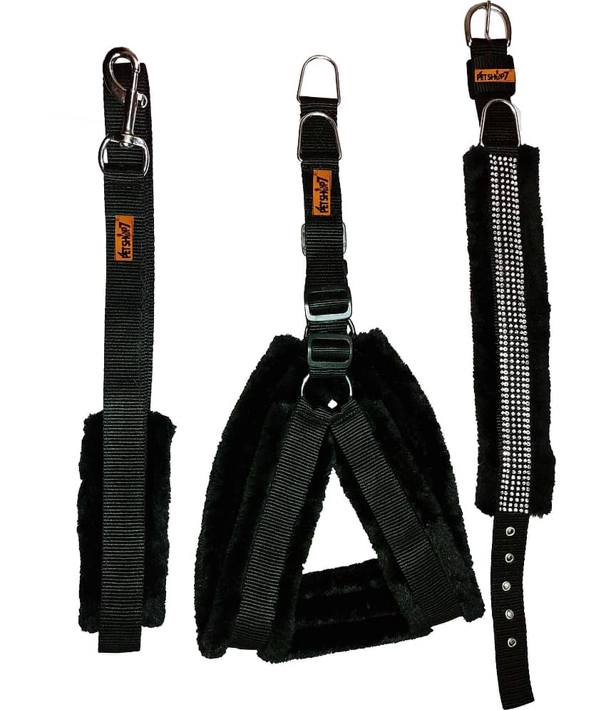 Petshop7 Fur Padded  Nylon Dog Harness , Dog Collar &  Dog Leash  Small (Chest Size - 23-28inch)