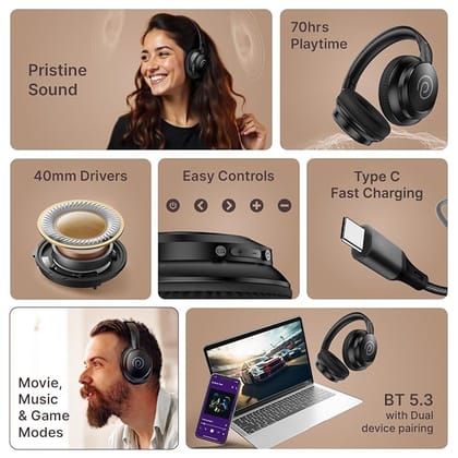 pTron Studio Evo 70hrs Playtime Wireless Over Ear Headphones with HD Mic (Black) pTron Studio Evo 70hrs Playtime Wireless Over Ear Headphones with HD Mic (Black)