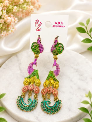 Multicolour Peacock Designer Long Dress Earrings For Women And Girls 
