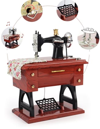 KTRS ENTERPRISE Vintage Miniature Sewing Machine Showpiece | Wooden Finish Decorative Table Decor | Handcrafted Mini Sewing Machine Model with Fabric & Scissors | Home & Office Gift