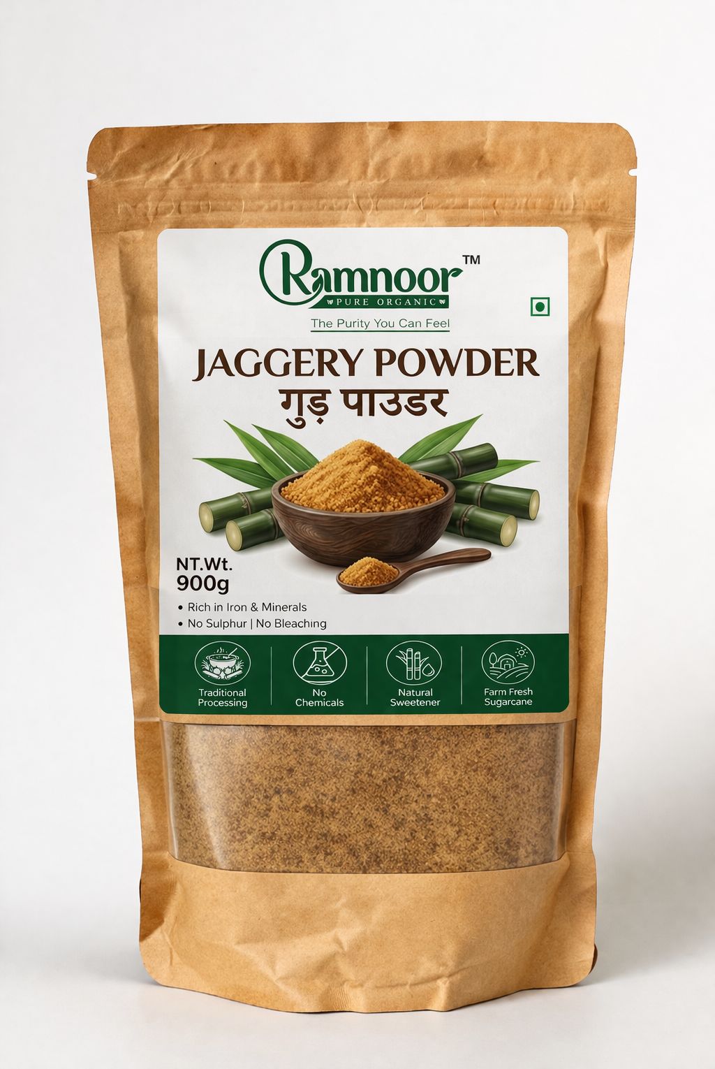 Ramnoor Pure Organic Jaggery Powder | Natural Unrefined Gud Powder | No Chemicals & No Preservatives | 900g