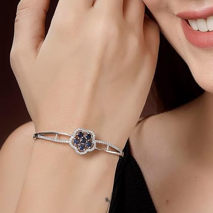ZENEME Rhodium-Plated Silver-Toned Floral Crystal American Diamond Kada Bracelet for Women & Girls | Elegant Designer Bracelet (Silver Ember Blue Bracelet)