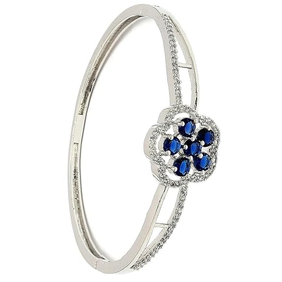 ZENEME Rhodium-Plated Silver-Toned Floral Crystal American Diamond Kada Bracelet for Women & Girls | Elegant Designer Bracelet (Silver Ember Blue Bracelet)
