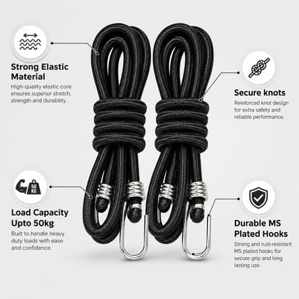 Trion Products Bungee Cord for Bike with Hooks - Pack of 4 | Elastic Luggage Tying Rope, Stretchable Clothes Drying Cord, Heavy Duty Cargo Rope, 8mm x 4.5 Feet, Extends Up to 10 Feet, Black