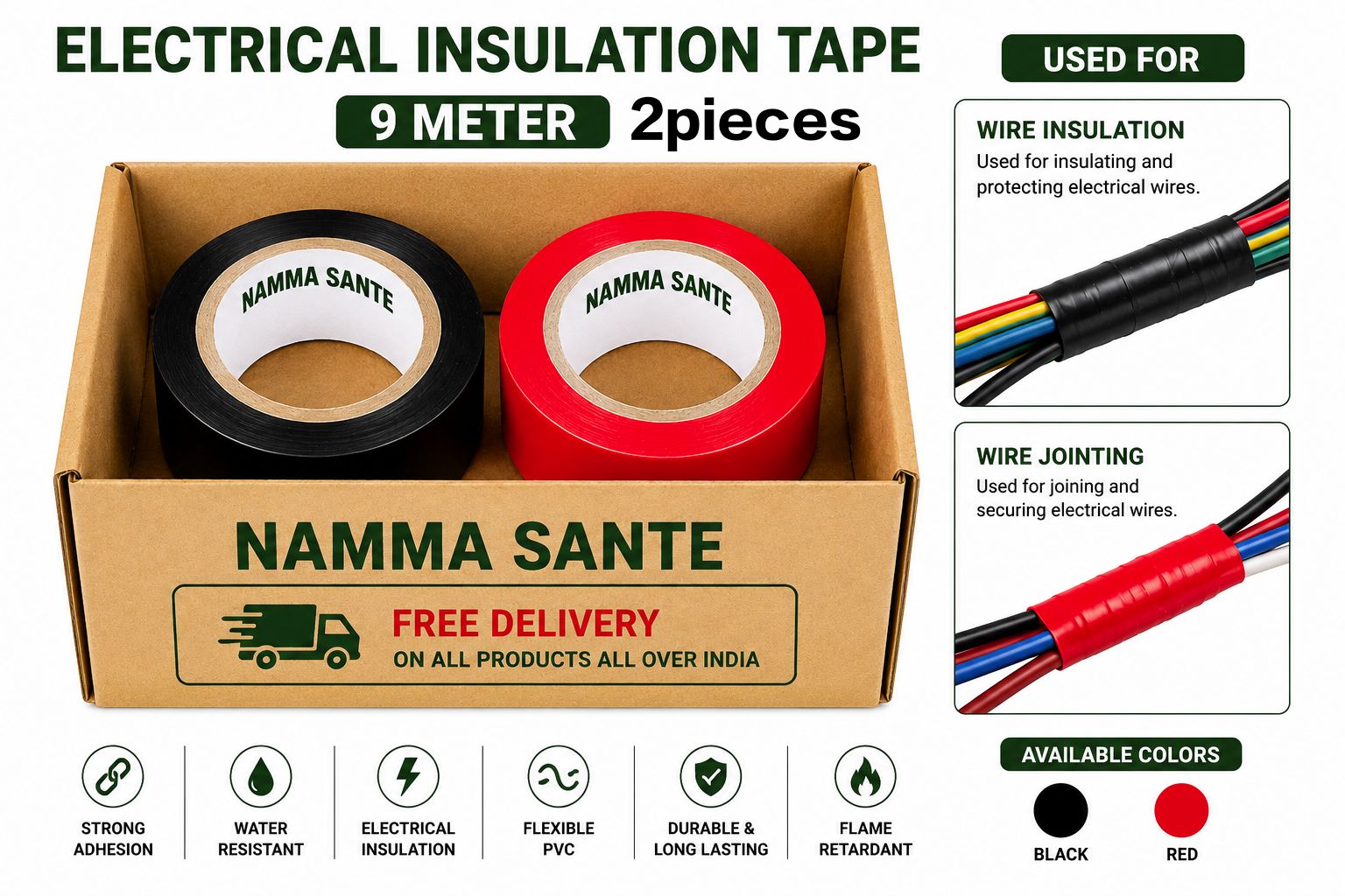 Electrical Insulation Tape, PVC Insulation Tape, Electrical Tape Roll, Wire Insulation Tape, PVC Electrical Tape 1Red+1Black 2pieces