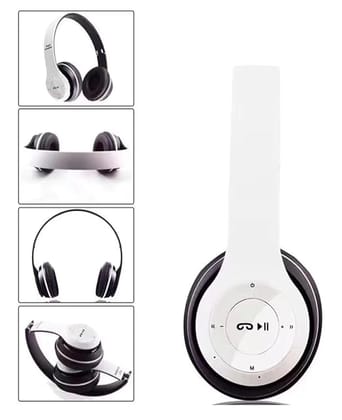 P 47 Wireless Bluetooth Headphones, Over-Ear Headset with Extra Bass, Foldable Design, Soft Memory Protein Earmuff, Bluetooth 5.0, FM Radio, SD Card Support, AUX Input (White)
