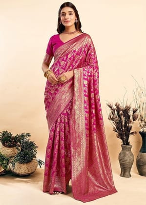Generic Women's Jacquard Printed Saree with Unstitched Blouse Piece, Soft Lightweight 5.5 m Sari for Daily, Office and Wear (Pink, Design 67647)
