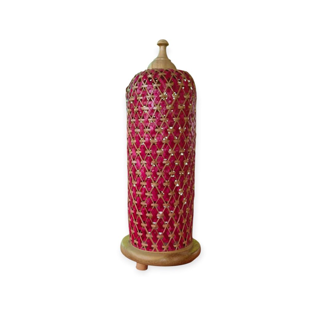 Handmade Pink Woven Table Lamp with Wooden Base and Finial