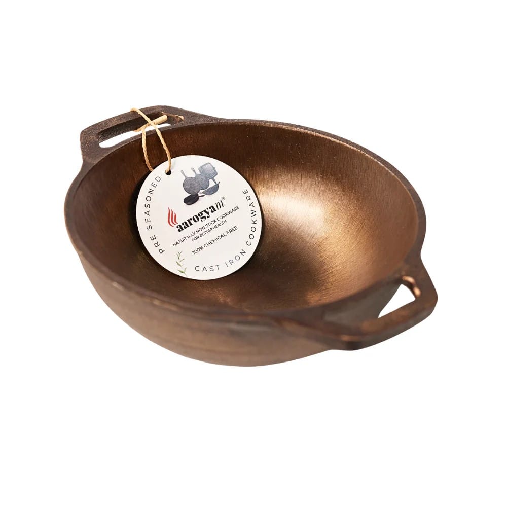 Aarogyam 8" Pre-seasoned Cast Iron Round Kadai, Naturally Nonstick