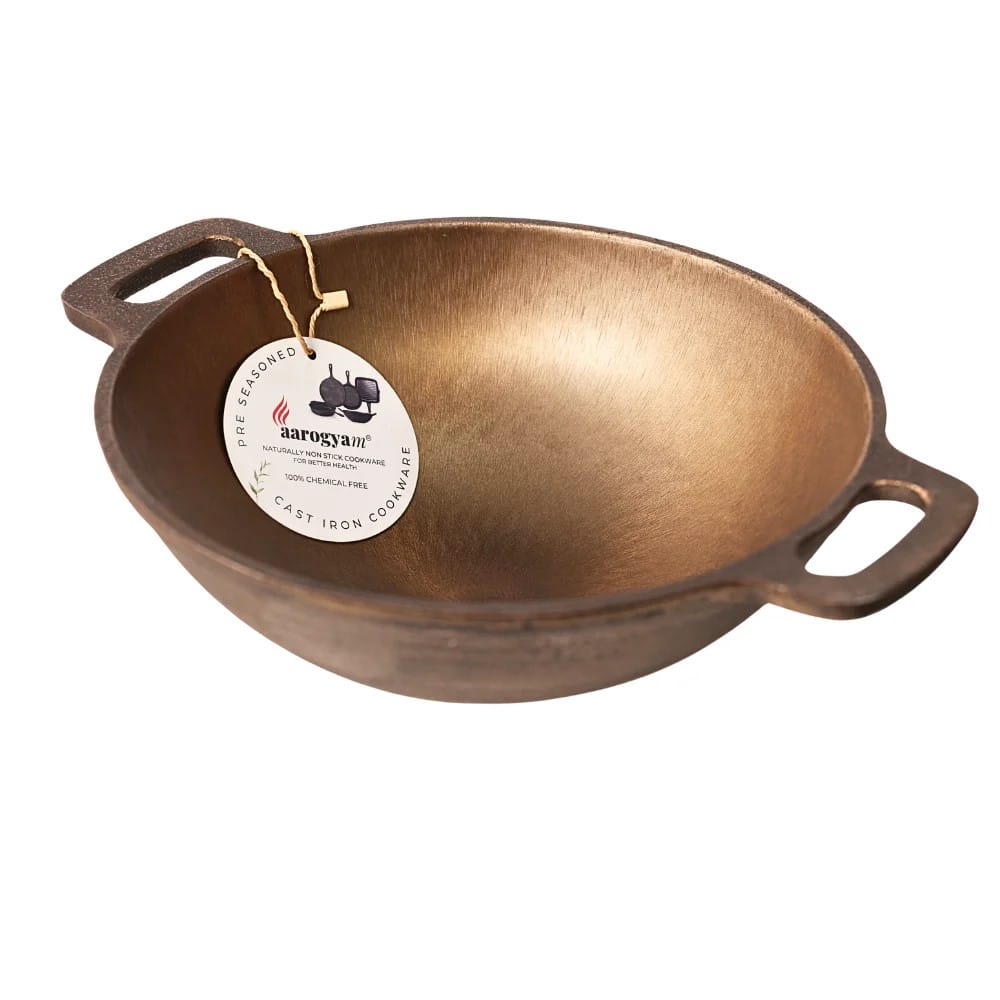 Aarogyam 11" Pre-seasoned Cast Iron Round Kadai, Naturally Nonstick